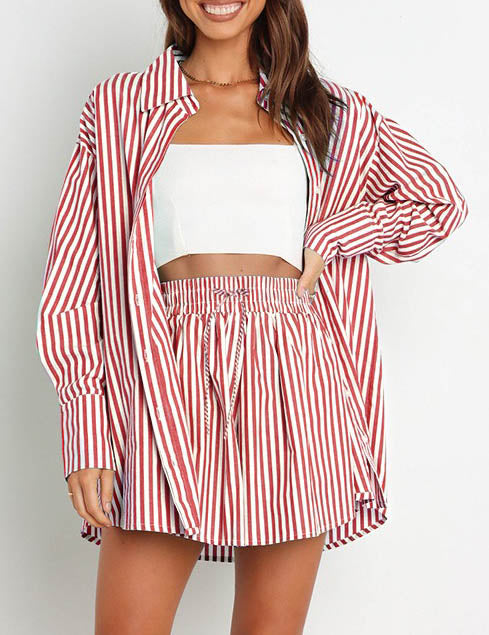 Stripe Color Block Split Shirt Short Set
