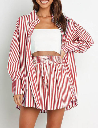 Stripe Color Block Split Shirt Short Set