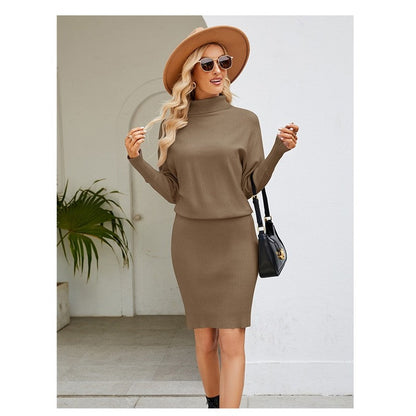 Solid Color Long Sleeves High Neck Knitted Bodycon Dress