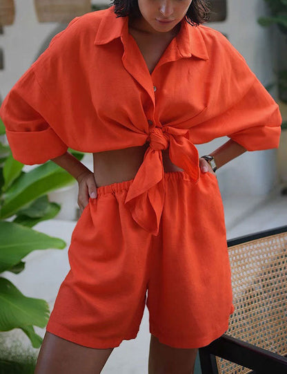 Solid Color Casual Shirt Short Set