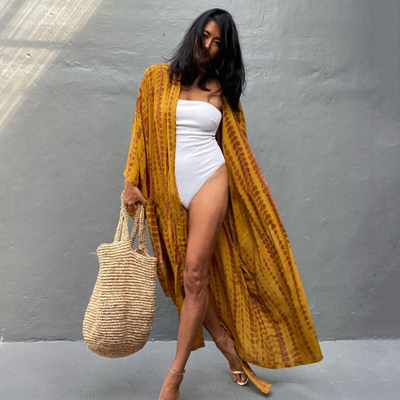 Long Sleeve Printing Waist Tied Casual Loose Long Beach Bikini Cardigan Cover-Up