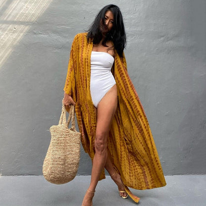 Long Sleeve Printing Waist Tied Casual Loose Long Beach Bikini Cardigan Cover-Up