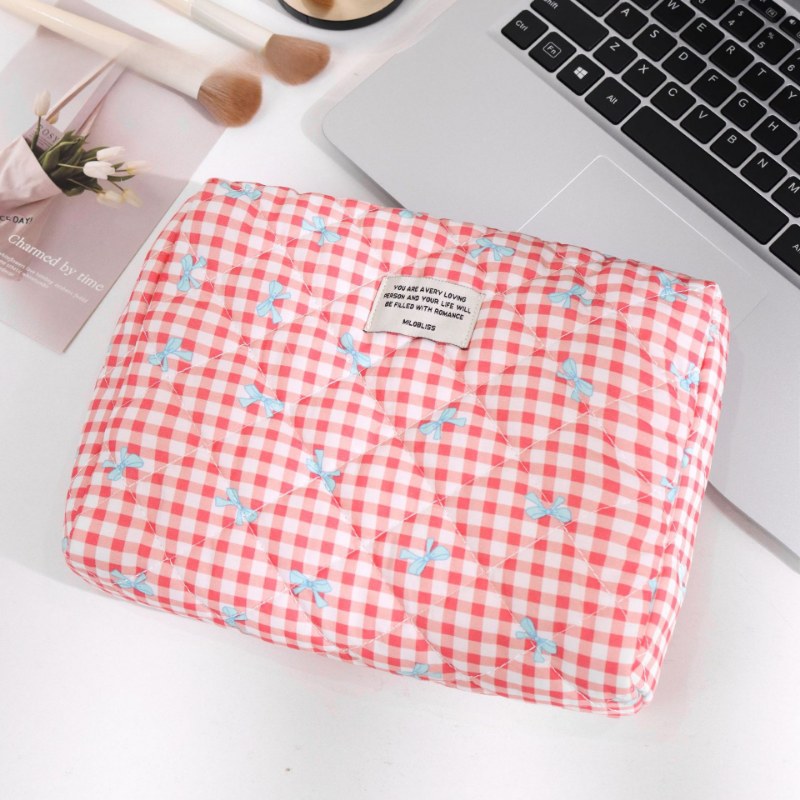 Sweet Color Block Plaid Bow Make Up Bag