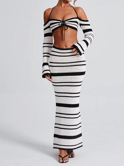 Stripe Crop Top and Maxi Skirt Sets
