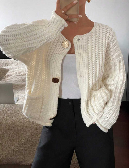 Round Neck Loose Long Sleeve Knit Cardigan