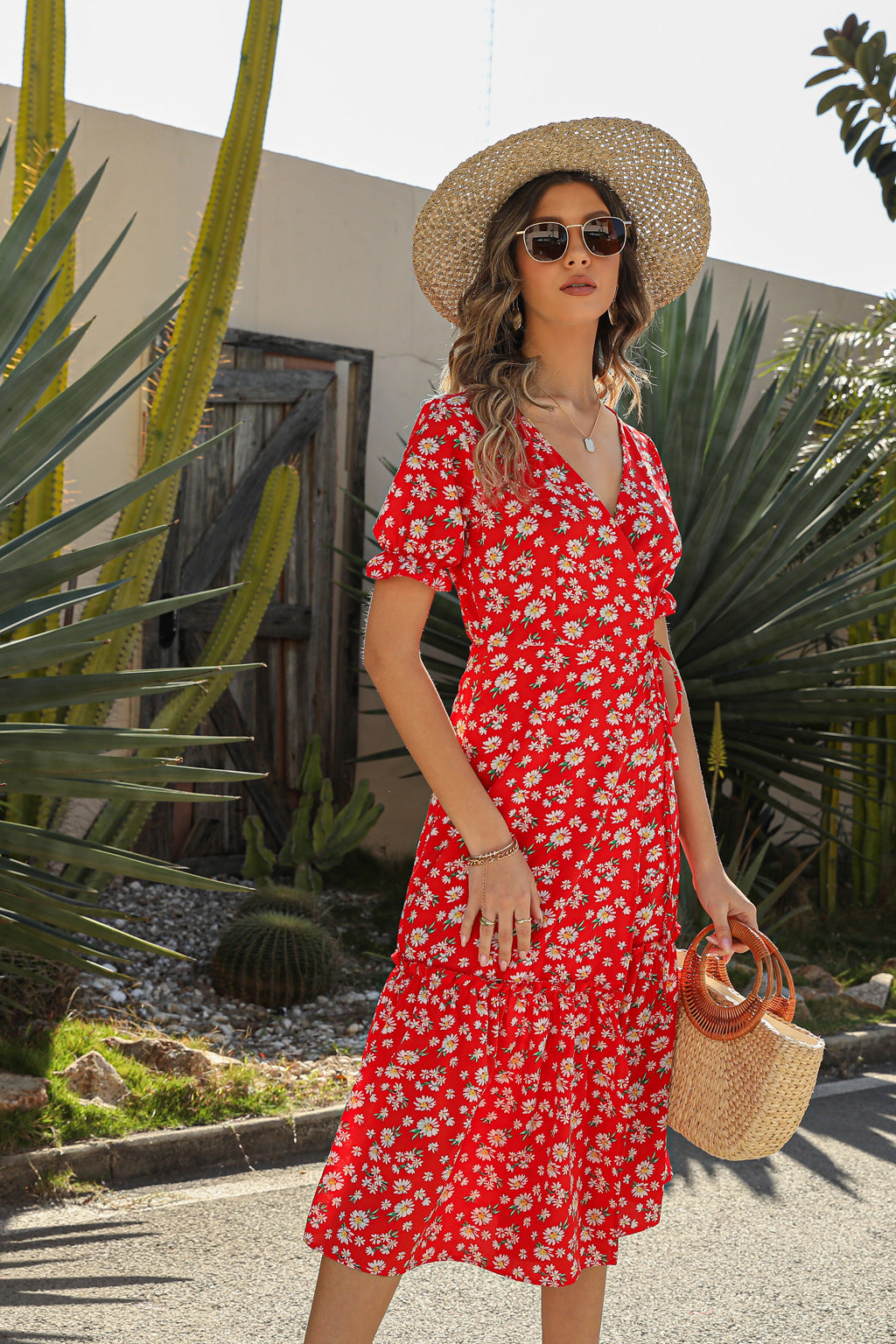 Robe de plage bohème sexy à col en V et imprimé floral en mousseline de soie