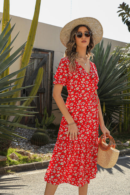 Robe de plage bohème sexy à col en V et imprimé floral en mousseline de soie