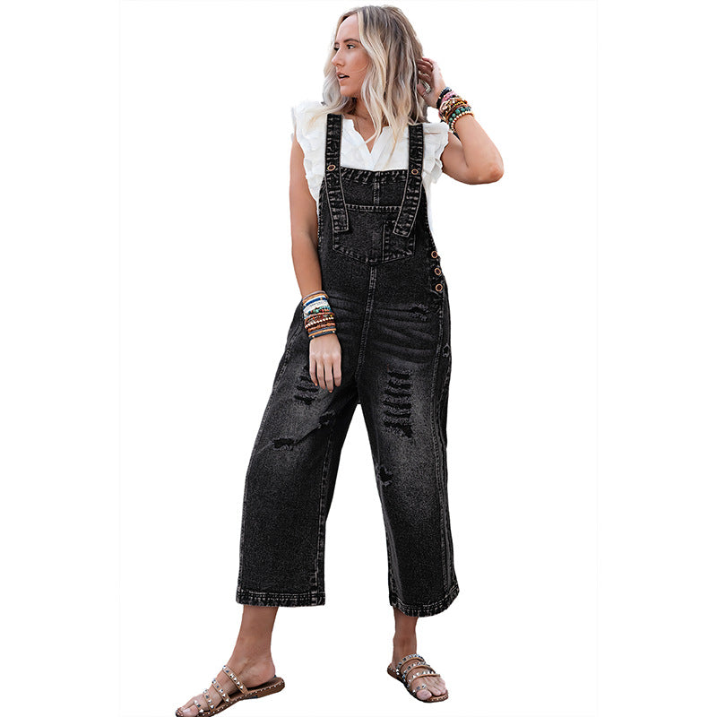 Autumn Cotton Denim Ripped Sleeveless Jumpsuit with High Waist