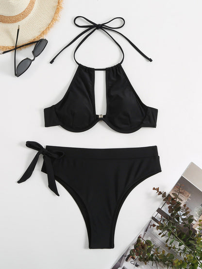 Traje de baño bikini sexy de color sólido con cuello halter para mujer