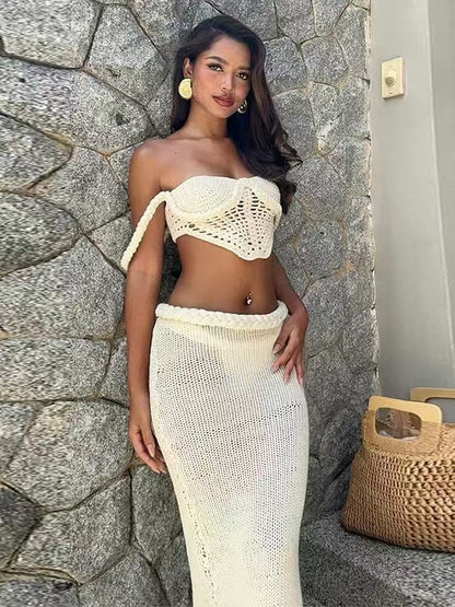 Conjunto de top corto y falda de punto de color liso a la moda para mujer
