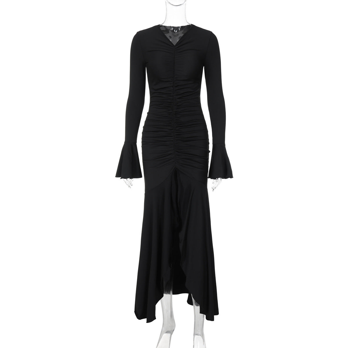 Vestido largo fruncido con escote en V y color liso para mujer