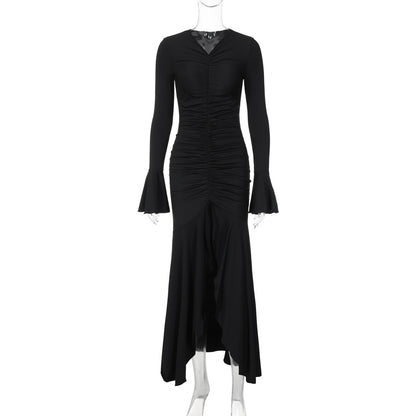 Vestido largo fruncido con escote en V y color liso para mujer
