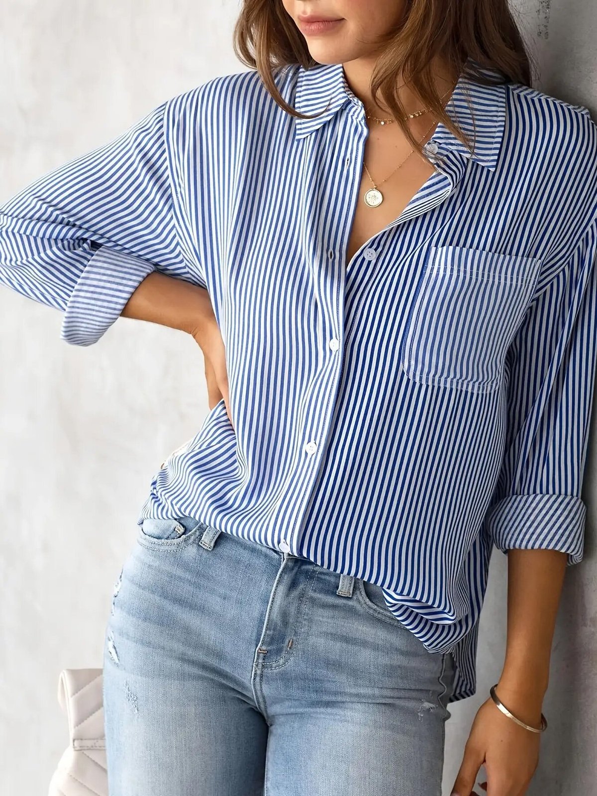 Blusa informal de poliéster con solapa y manga larga a rayas para mujer, corte holgado