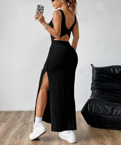 Vestido sexy de rayas verticales de color liso a la moda para mujer