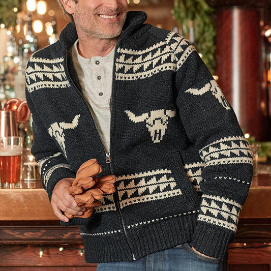 Men Casual Vintage Long Sleeve Zipper Pocket Design Bull Head Pattern Knitted Cardigan Sweater