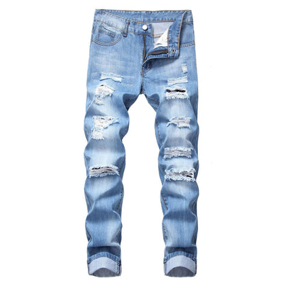 Men Casual Ripped Cotton Straight Slim-Fit Jeans