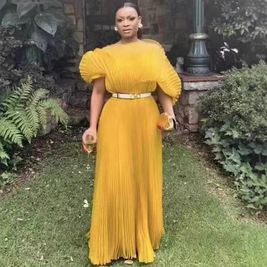 African Women Fashion Elegant Solid Color Pleated Dress