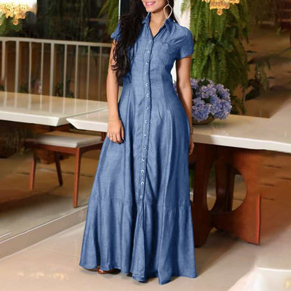 Vestido largo vaquero de color liso con cuello polo para mujer de talla grande