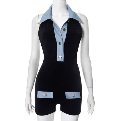 Women Fashion Sexy Denim Splicing V-Neck Rompers