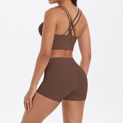 Women Casual Solid Color Tank Top and Tight Shorts Two-Piece Set for Yoga and Sports