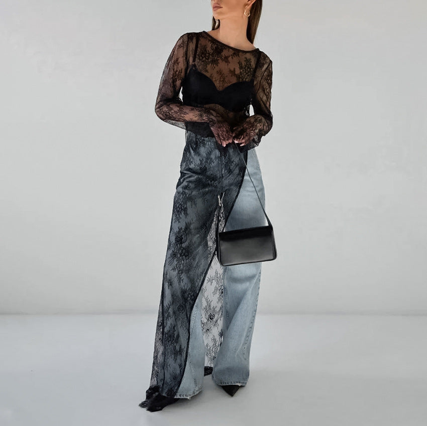 Women Fashion Sexy Perspective Lace Long Sleeve Dress