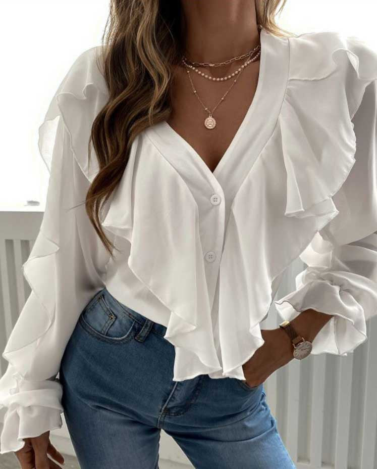 Women Fashion Casual Solid V Neck Ruffled Blouse