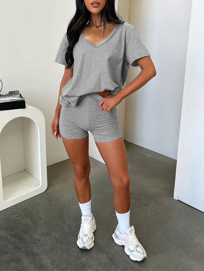 Women Fashion Casual V-Neck Short-Sleeve T-Shirt Set