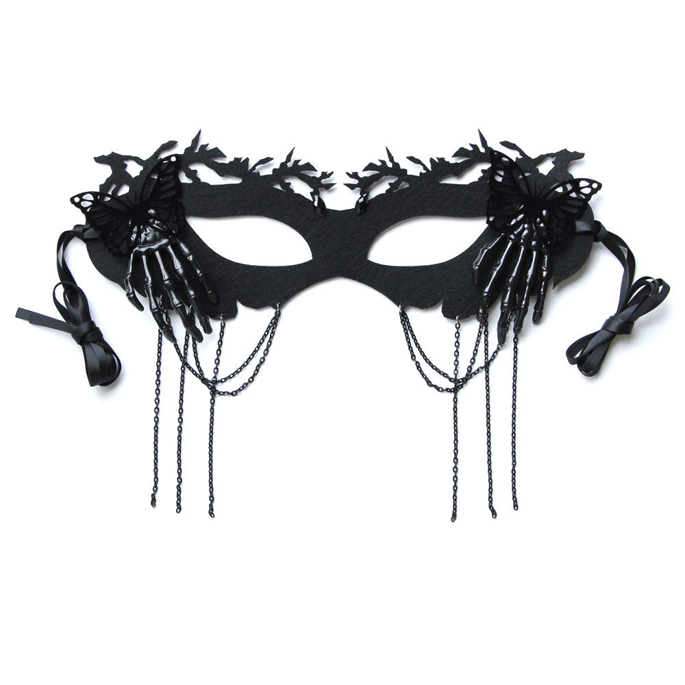 Máscara gótica de Halloween con borlas, mariposa y calavera para fiesta