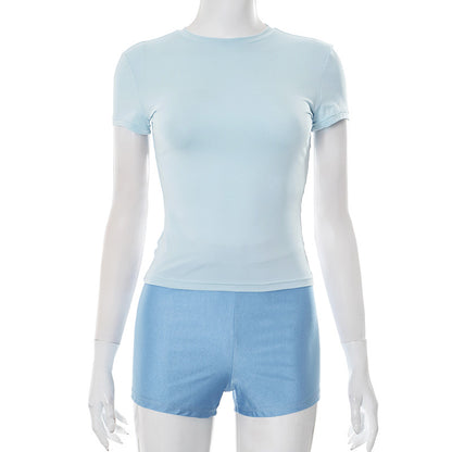 Women Fashion Short Sleeve T-Shirt and Shorts Set in Solid Color