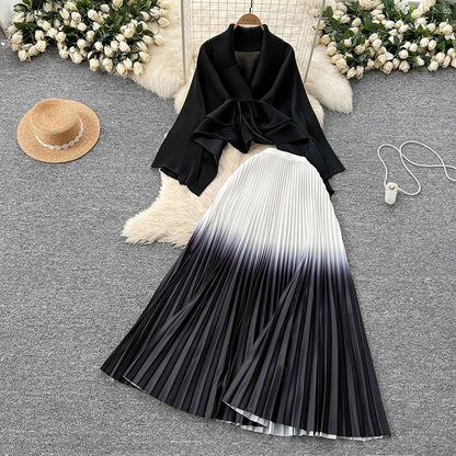 Women Gradient Color Lace-Up Blouse Pleated Skirt Set