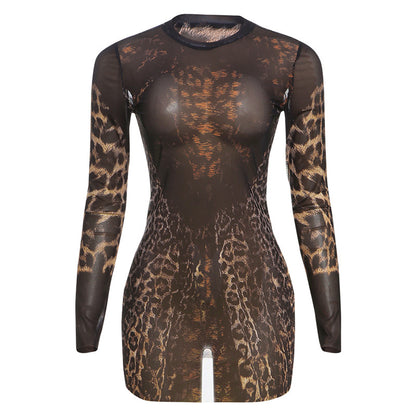 Vestido sexy de malla de leopardo con mangas largas para mujer