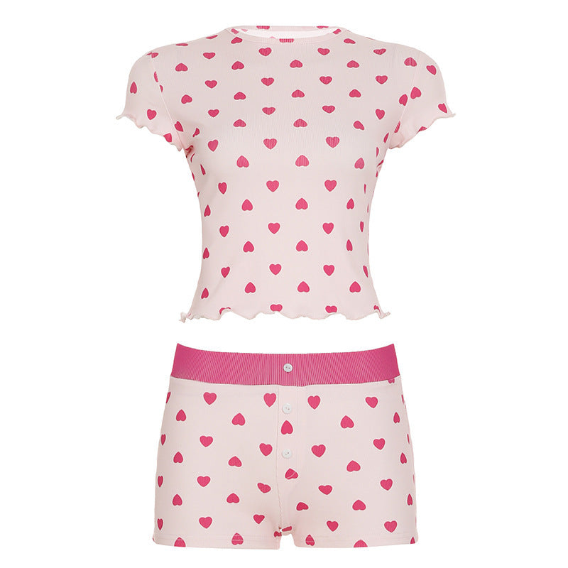 Women‚Äôs Casual Love Print Short-Sleeve Knitting Pajama Set