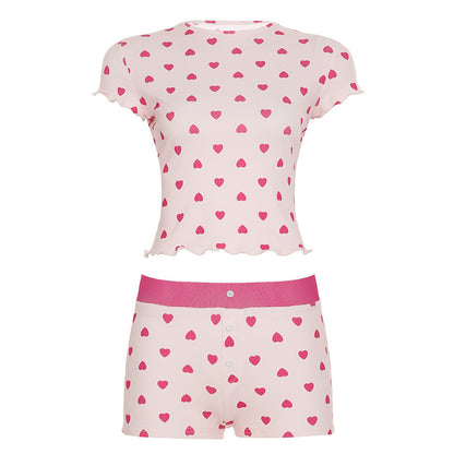 Women‚Äôs Casual Love Print Short-Sleeve Knitting Pajama Set