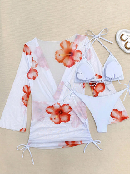 Women Fashion Sexy Floral Printed Bikini Cover-Up Set