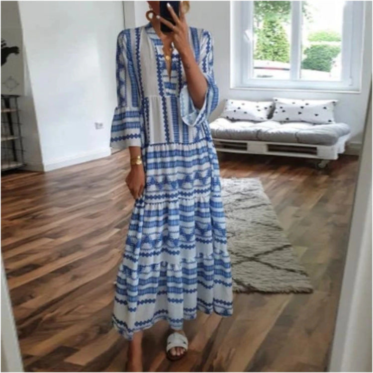 Women Fashion Casual Boho Geometric Print Maxi Dress