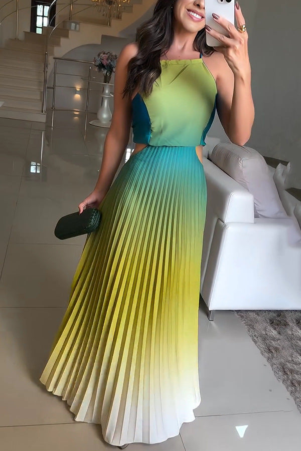 Women Fashion Sexy Gradient Pleated Sleeveless Backless Dress
