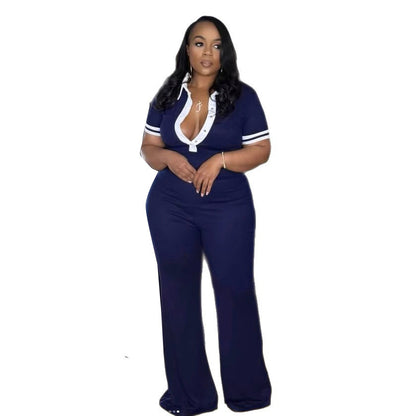 Women Fashion Casual Color-Contrast Lapel V-Neck Jumpsuits