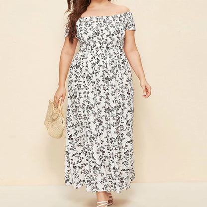 Women Fashion Casual Plus Size Floral Print Off-Shoulder Dress