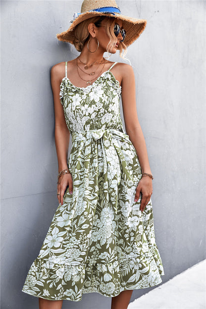 Vestido elegante bohemio sin mangas con volantes florales de verano para mujer