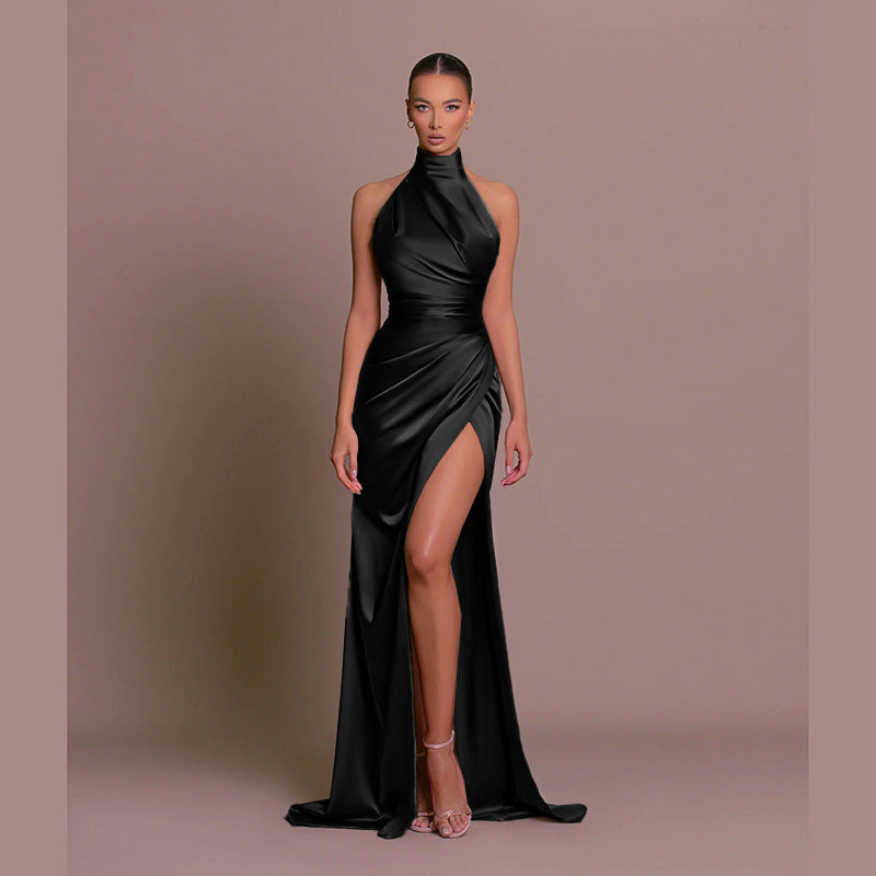 Women Elegant Solid Color Side Split Party Dress