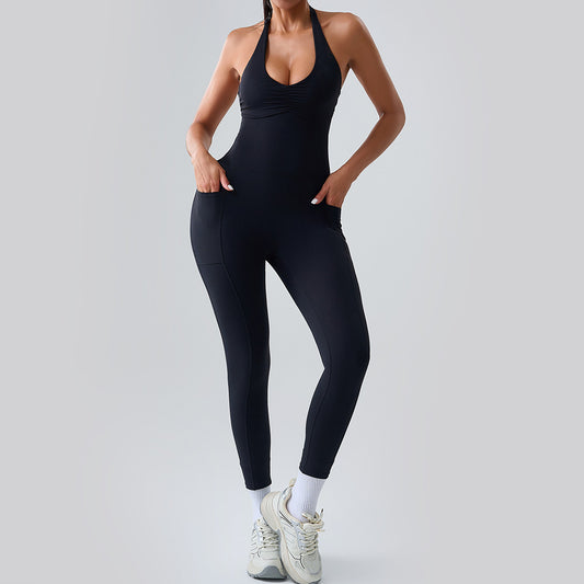 Women Fashion Sexy Solid Color Halter Neck Yoga Jumpsuit