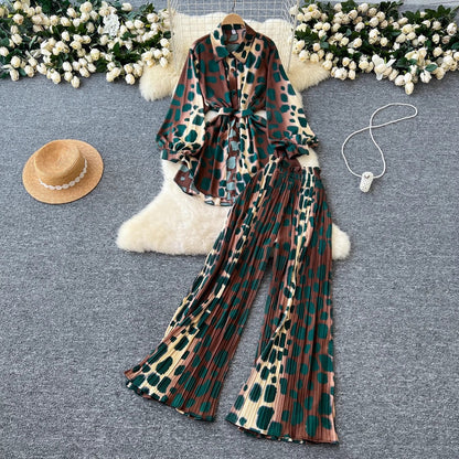 Women Casual Printed Blouse and Wide Leg Pants Set