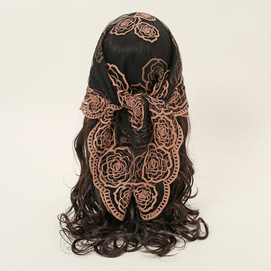 Women Fashion Elegant Floral Embroidered Thin Polyester Square Scarf
