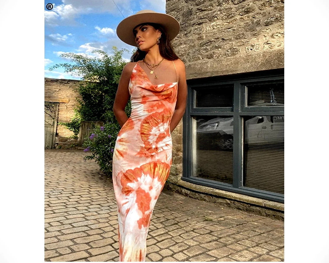 Women Fashion Sexy Printed Polyester Midi Slip Dress