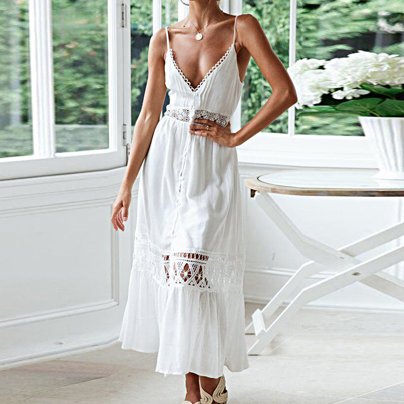 Women's Fashion Boho Solid Color Hollow Slip Dress