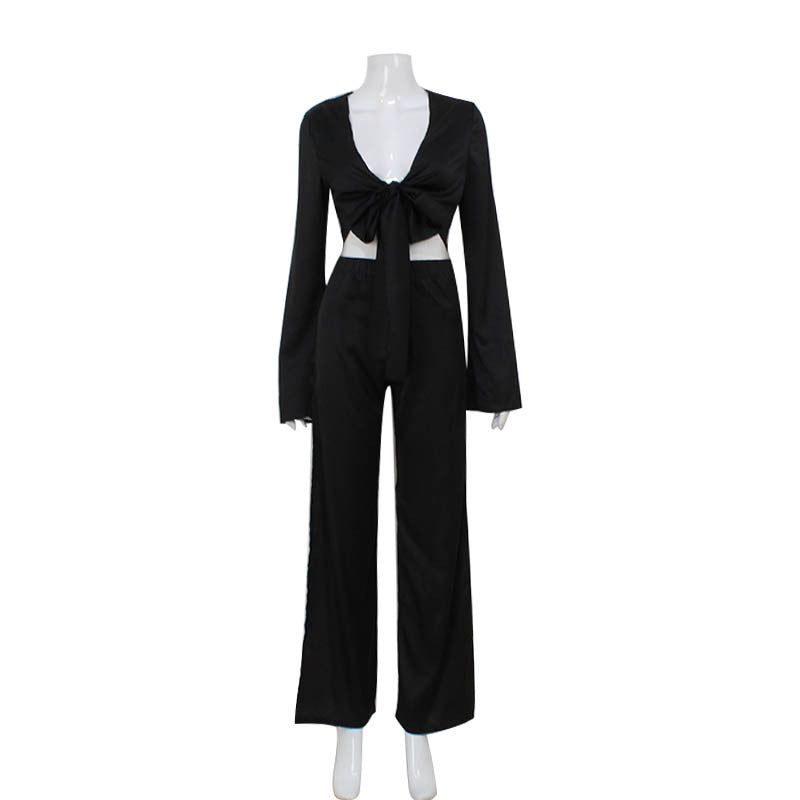 Ensemble deux pièces à lacets et manches longues pour femme, en polyester uni