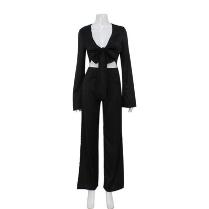 Ensemble deux pièces à lacets et manches longues pour femme, en polyester uni