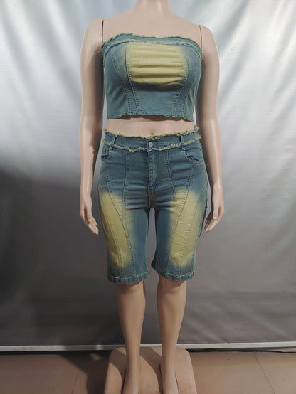 Ensemble deux pièces en jean pour femme avec short taille haute et haut