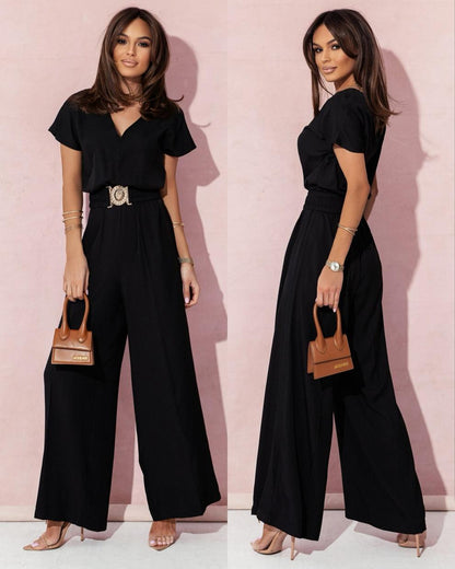 Women Fashion Elegant Solid Color V-Neck Jumpsuits