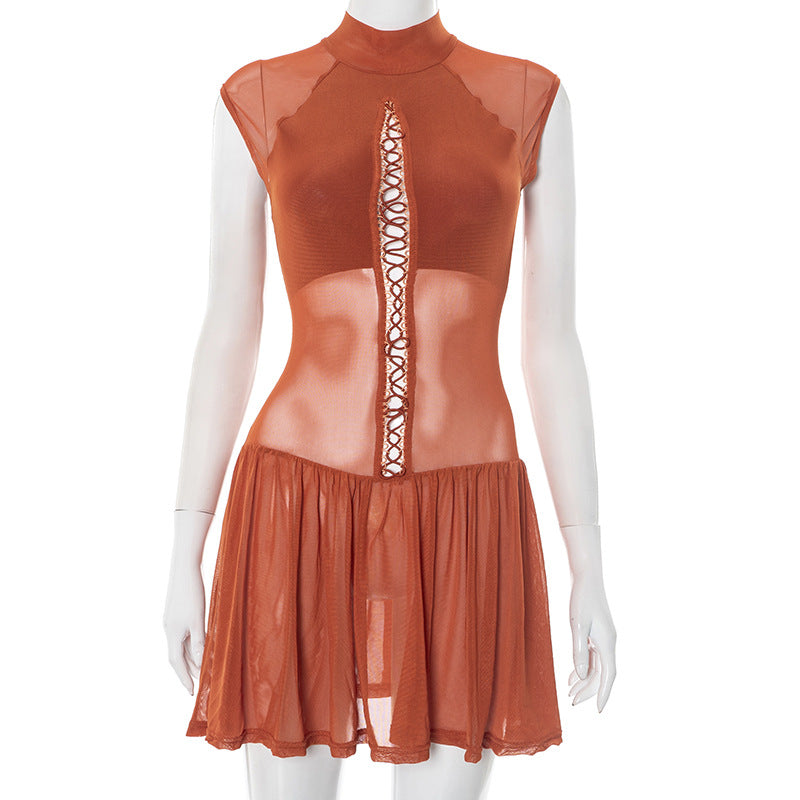 Vestido de malla calada con cordones para mujer, estilo plisado de poliéster